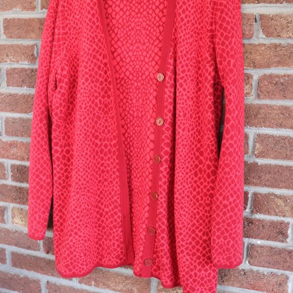 Isaac Mizrahi Live! Womens Long Button Down V Neck Red Reptile Cardigan Size L - Picture 5 of 14